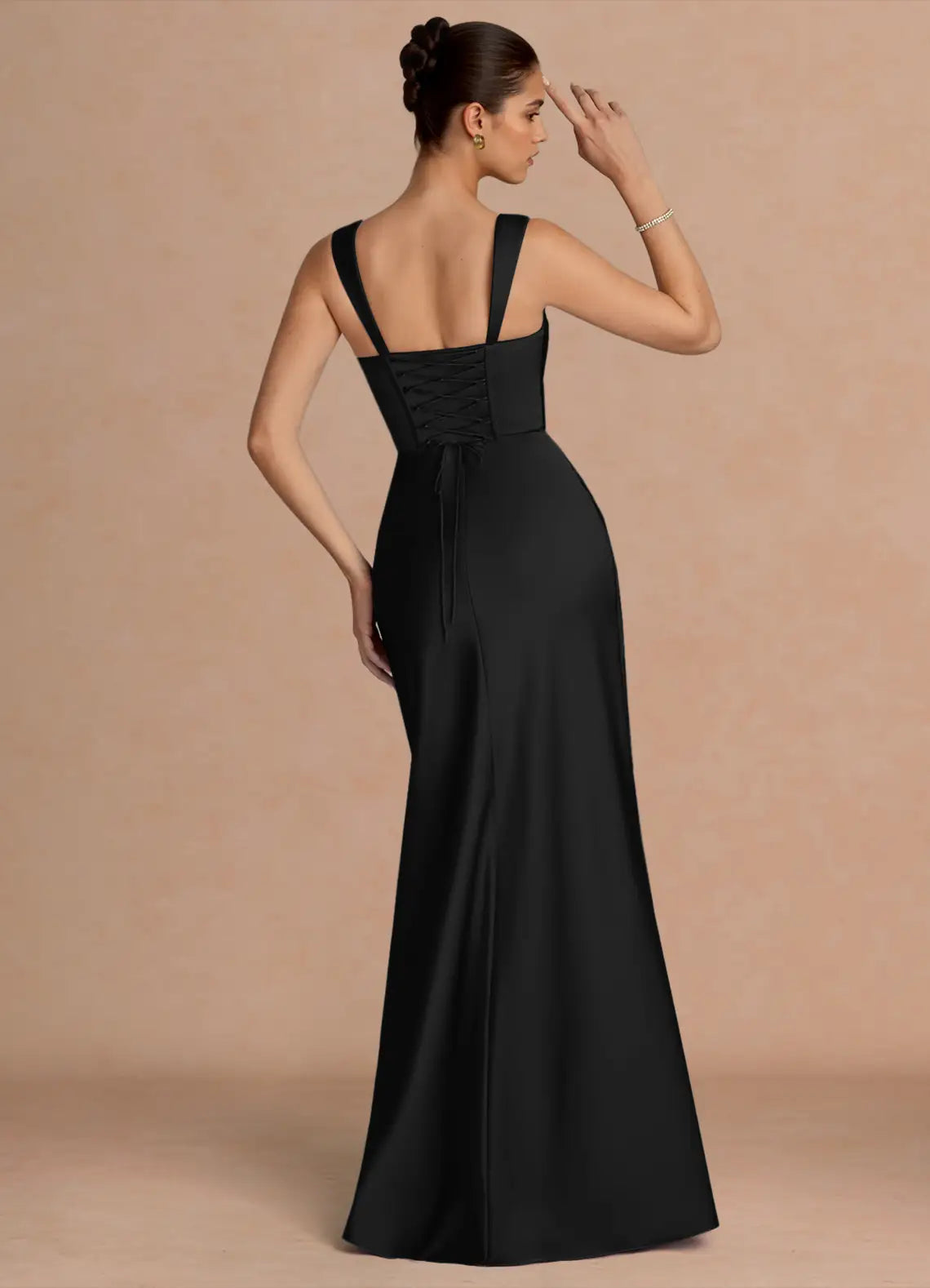 Black Mermaid Square Neck Satin Ruched Floor-Length Dress - Yihuiw by Yihuiw