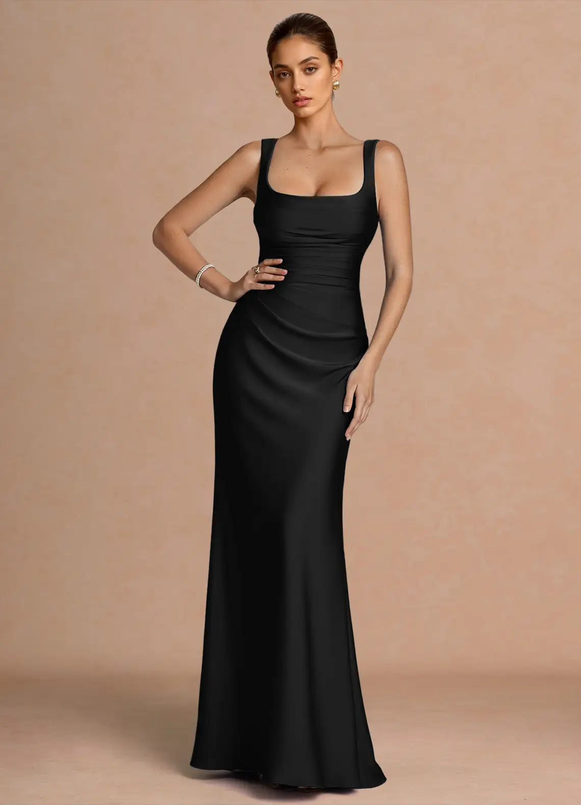 Black Mermaid Square Neck Satin Ruched Floor-Length Dress - Yihuiw by Yihuiw