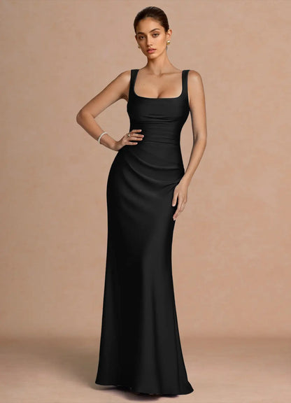 Black Mermaid Square Neck Satin Ruched Floor-Length Dress - Yihuiw by Yihuiw