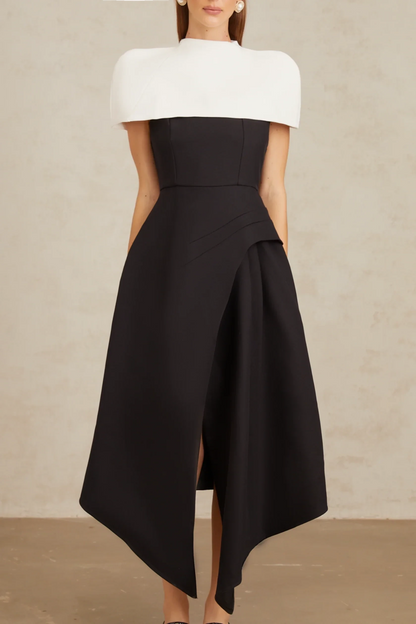 Black and White Contrast Cape - Style Midi Dress Fabienne Color Block Midi Dress with Shawl Detail Evening Dress by YiHuiw