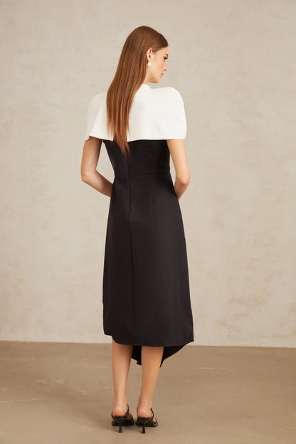Black and White Contrast Cape - Style Midi Dress Fabienne Color Block Midi Dress with Shawl Detail Evening Dress by YiHuiw
