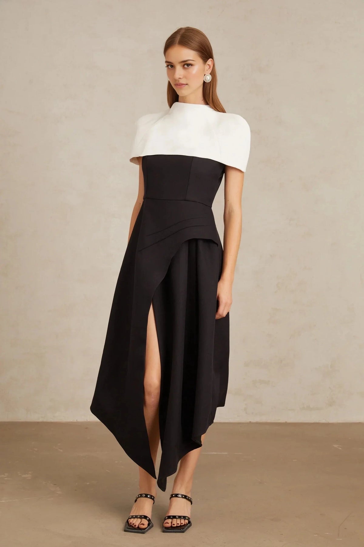 Black and White Contrast Cape - Style Midi Dress Fabienne Color Block Midi Dress with Shawl Detail Evening Dress by YiHuiw