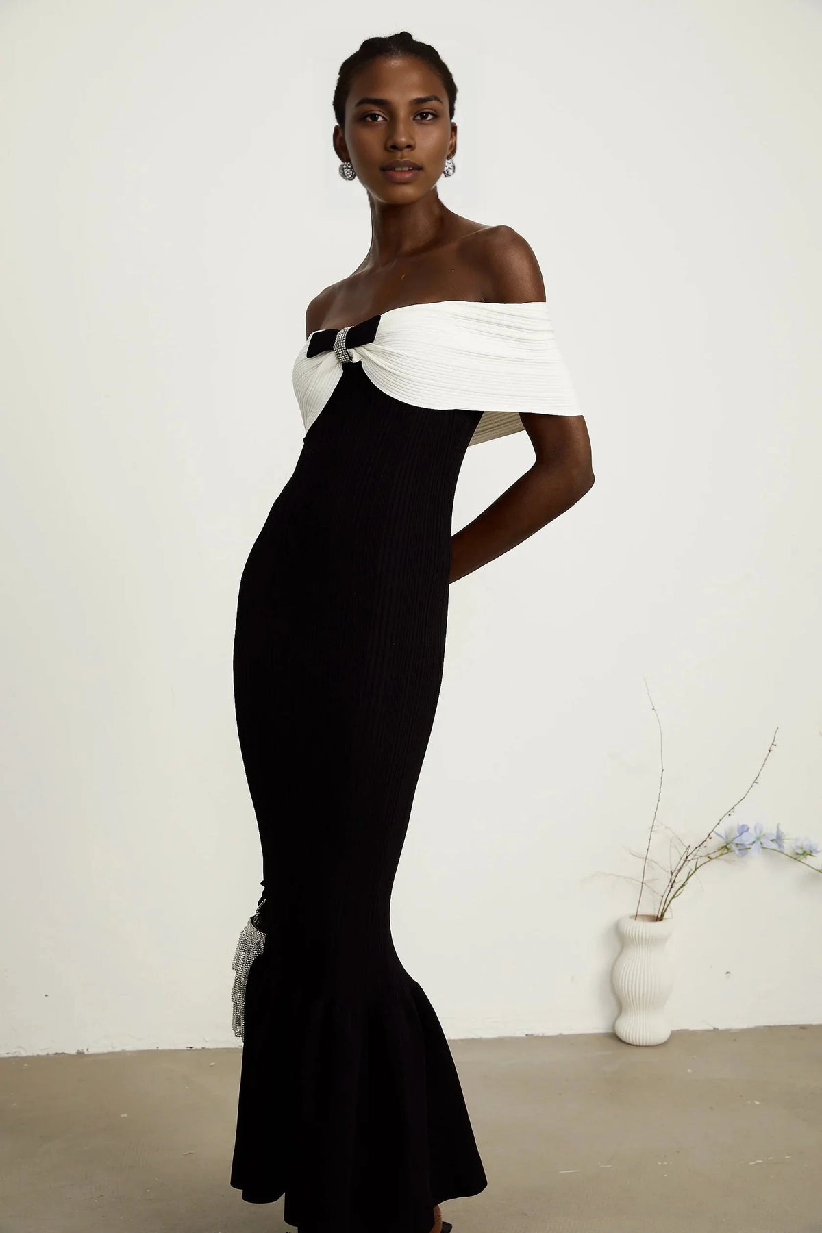Black and White Off - Shoulder Bow Mermaid Midi Dress bow-detail ribbed maxi dress Evening Dress by YiHuiw