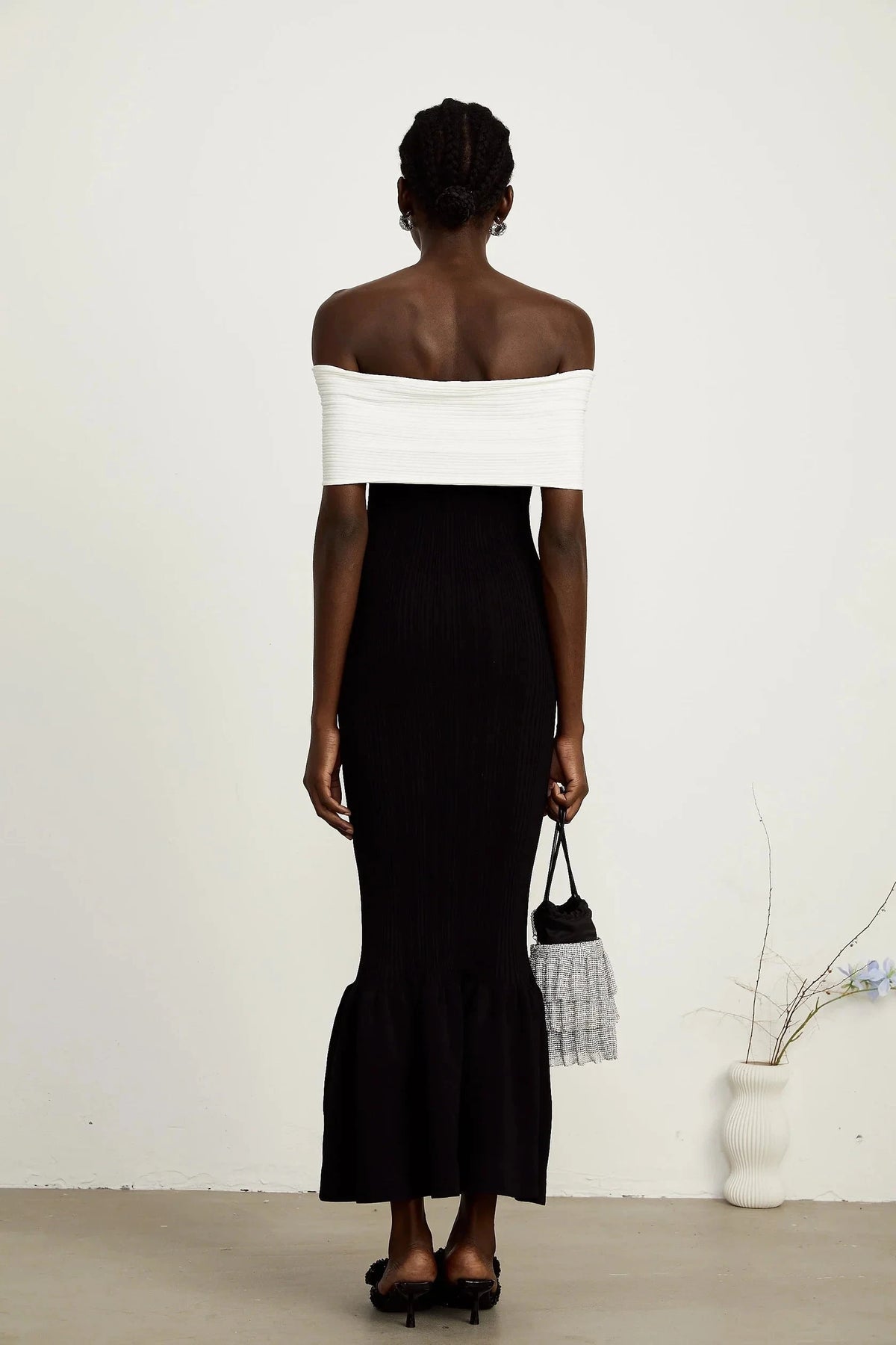 Black and White Off - Shoulder Bow Mermaid Midi Dress bow-detail ribbed maxi dress Evening Dress by YiHuiw
