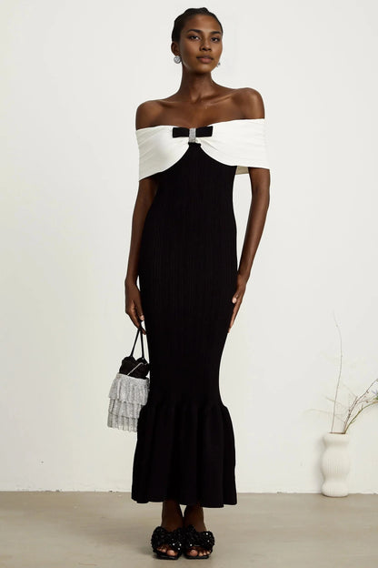 Black and White Off - Shoulder Bow Mermaid Midi Dress bow-detail ribbed maxi dress Evening Dress by YiHuiw