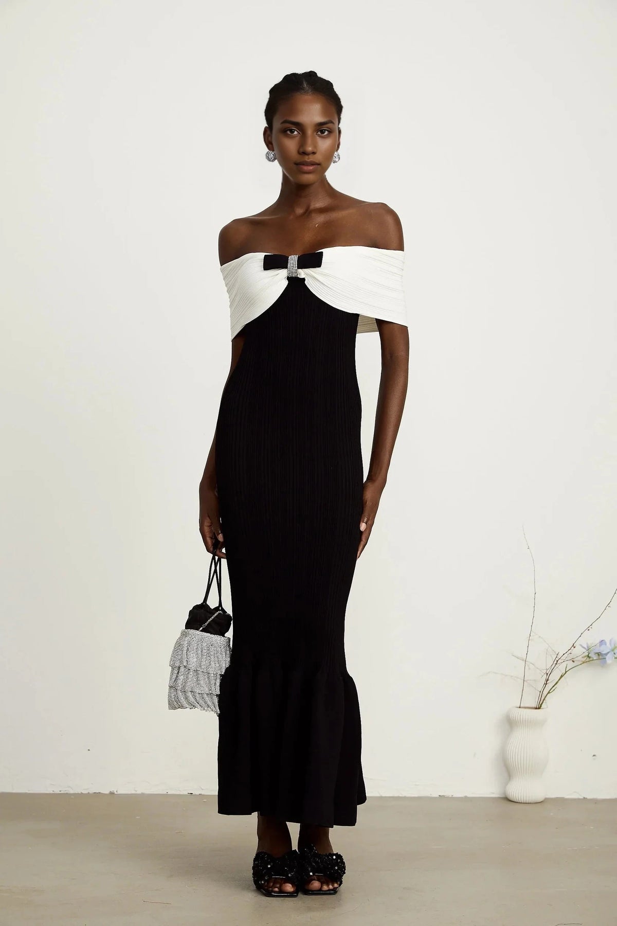 Black and White Off - Shoulder Bow Mermaid Midi Dress bow-detail ribbed maxi dress Evening Dress by YiHuiw