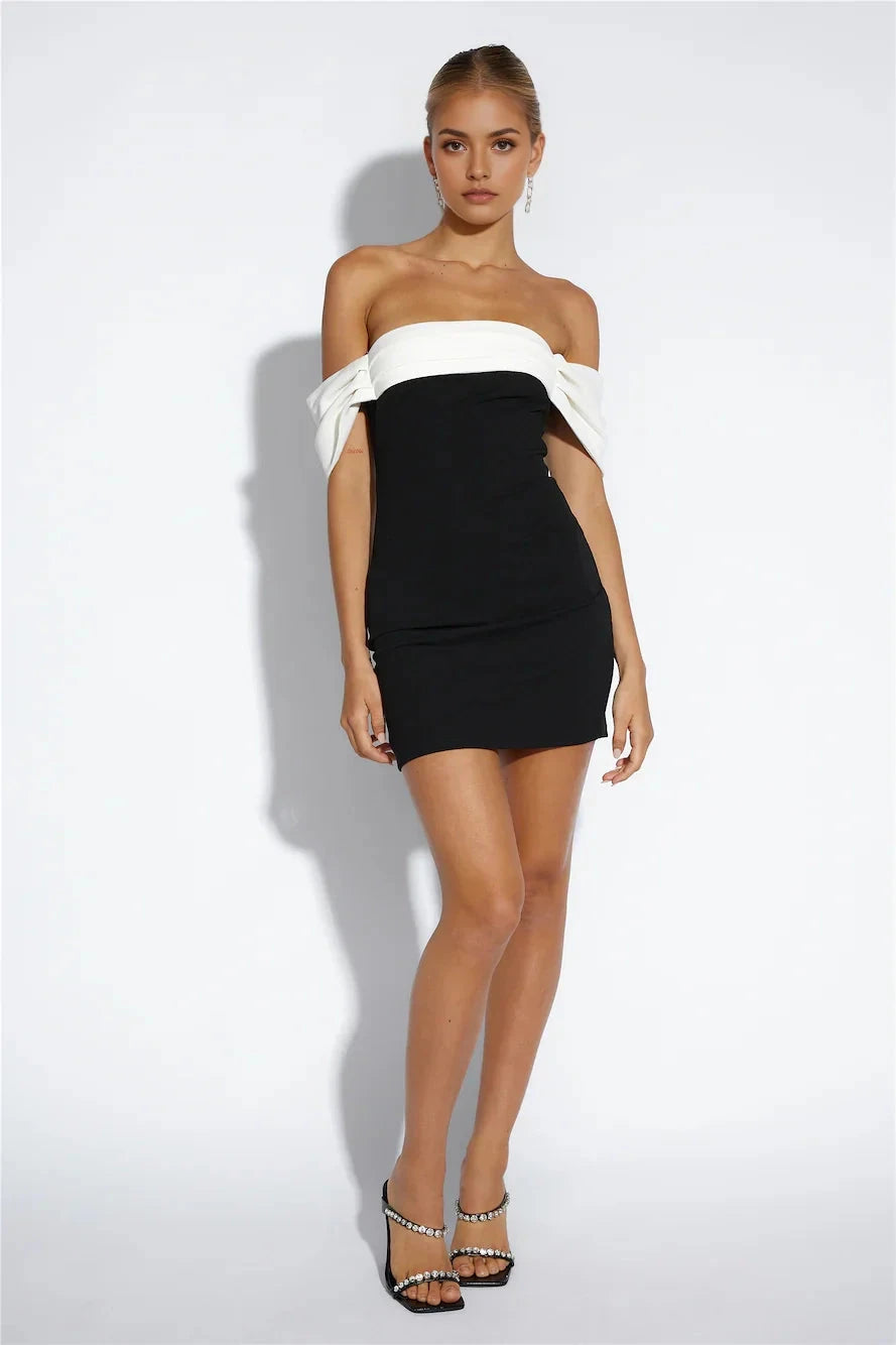 Black and White Off-Shoulder Mini Dress with Bow Detail Off-shoulder design Short Prom Dress by YiHuiw