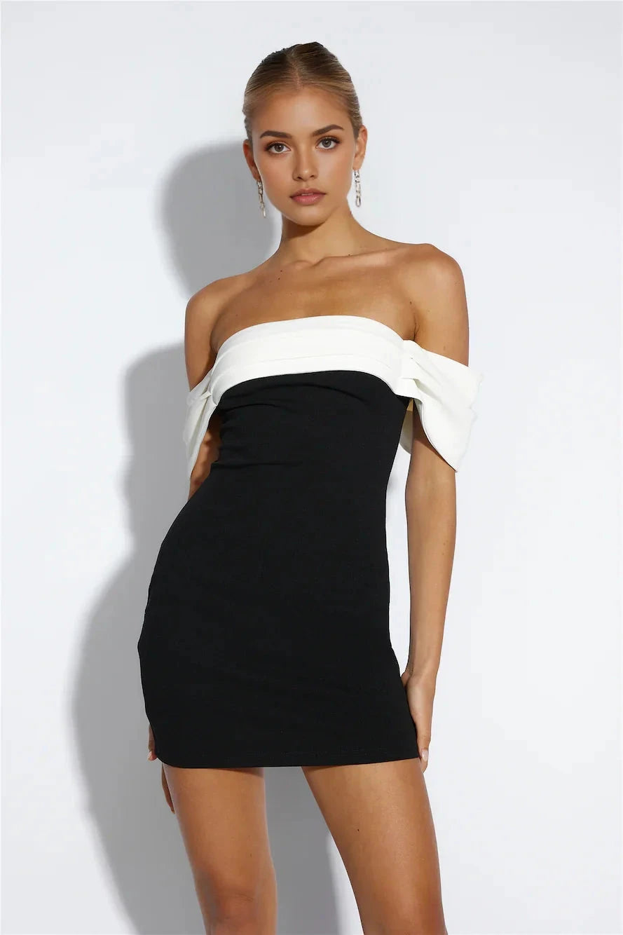 Black and White Off-Shoulder Mini Dress with Bow Detail Off-shoulder design Short Prom Dress by YiHuiw