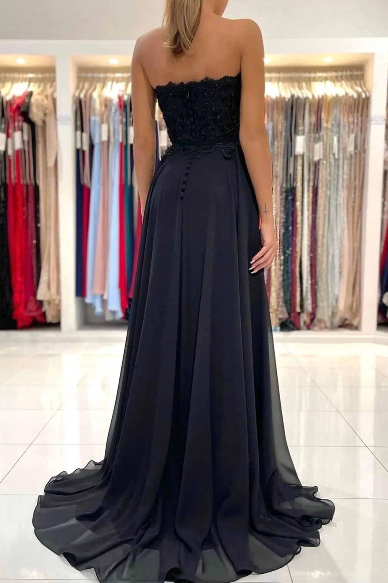 Black Chiffon Lace Long Prom Dress A-Line Strapless Evening Party Dress simple gentle atmospheric and unique desi Bring summer colors to enhance whitenes by YiHuiw