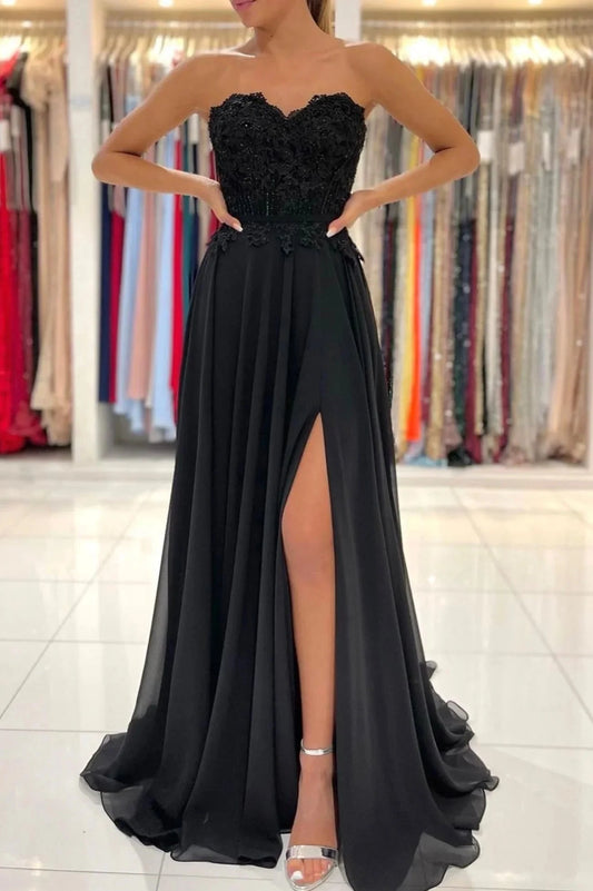 Black Chiffon Lace Long Prom Dress A-Line Strapless Evening Party Dress simple gentle atmospheric and unique desi Bring summer colors to enhance whitenes by YiHuiw