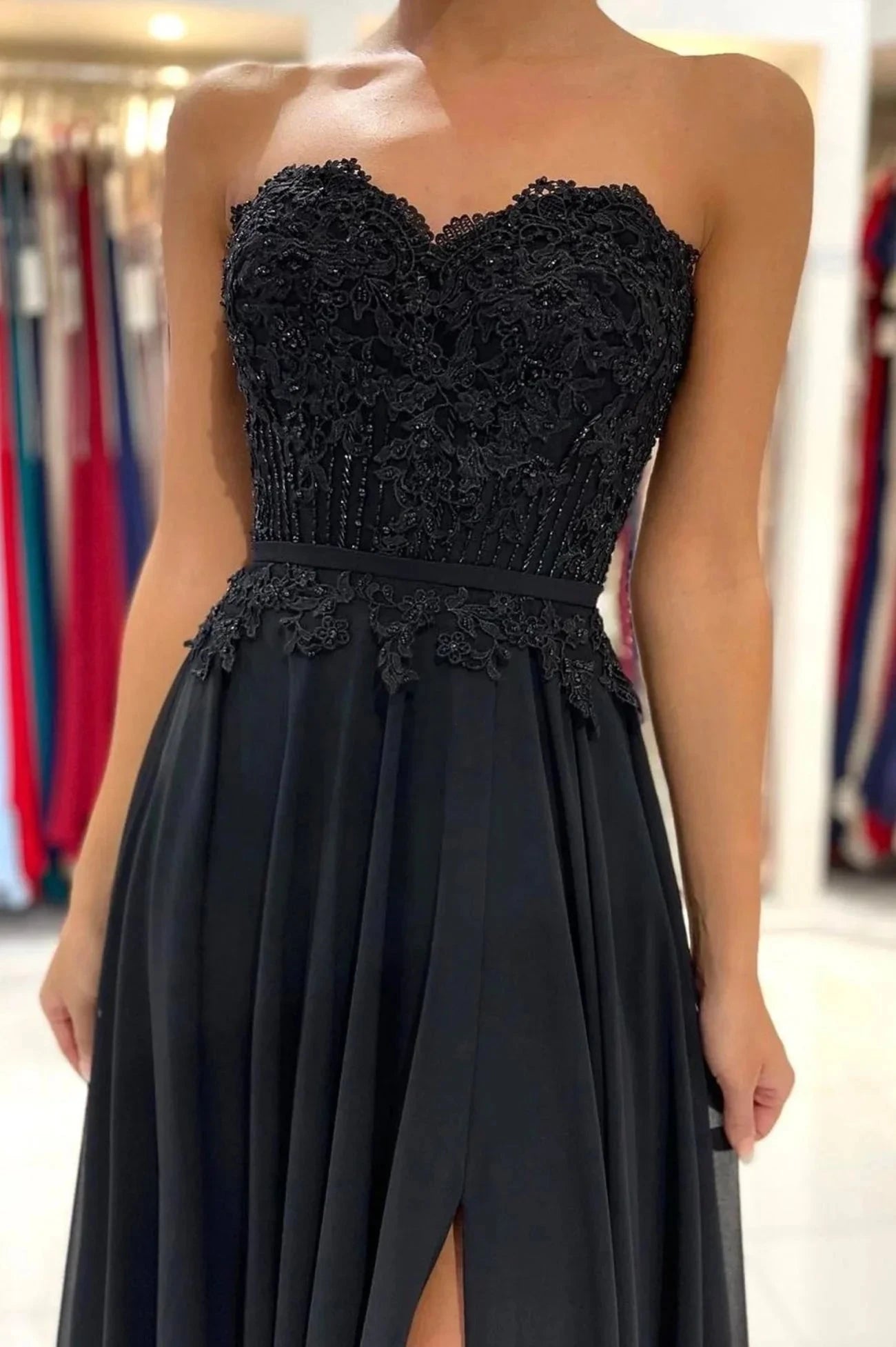Black Chiffon Lace Long Prom Dress A-Line Strapless Evening Party Dress simple gentle atmospheric and unique desi Bring summer colors to enhance whitenes by YiHuiw