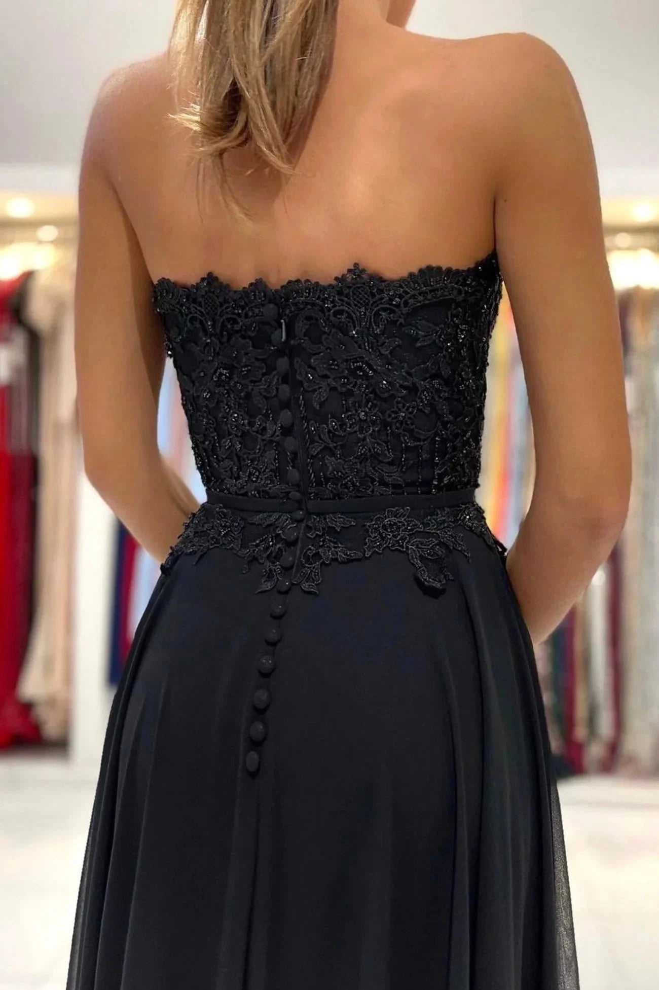 Black Chiffon Lace Long Prom Dress A-Line Strapless Evening Party Dress simple gentle atmospheric and unique desi Bring summer colors to enhance whitenes by YiHuiw