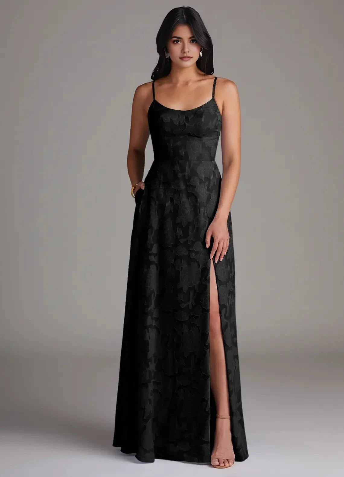 Black Floral Jacquard Spaghetti Strap Maxi Dress with Side Slit Black A-Line Side Slit Floral Burnout Dress Bridesmaid Dresses by YiHuiw