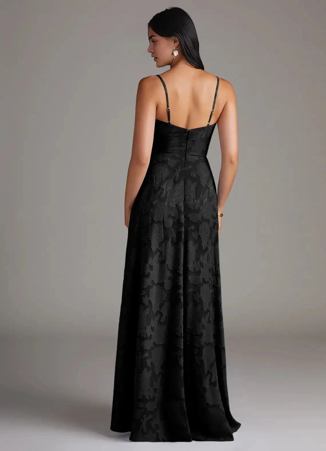 Black Floral Jacquard Spaghetti Strap Maxi Dress with Side Slit Black A-Line Side Slit Floral Burnout Dress Bridesmaid Dresses by YiHuiw