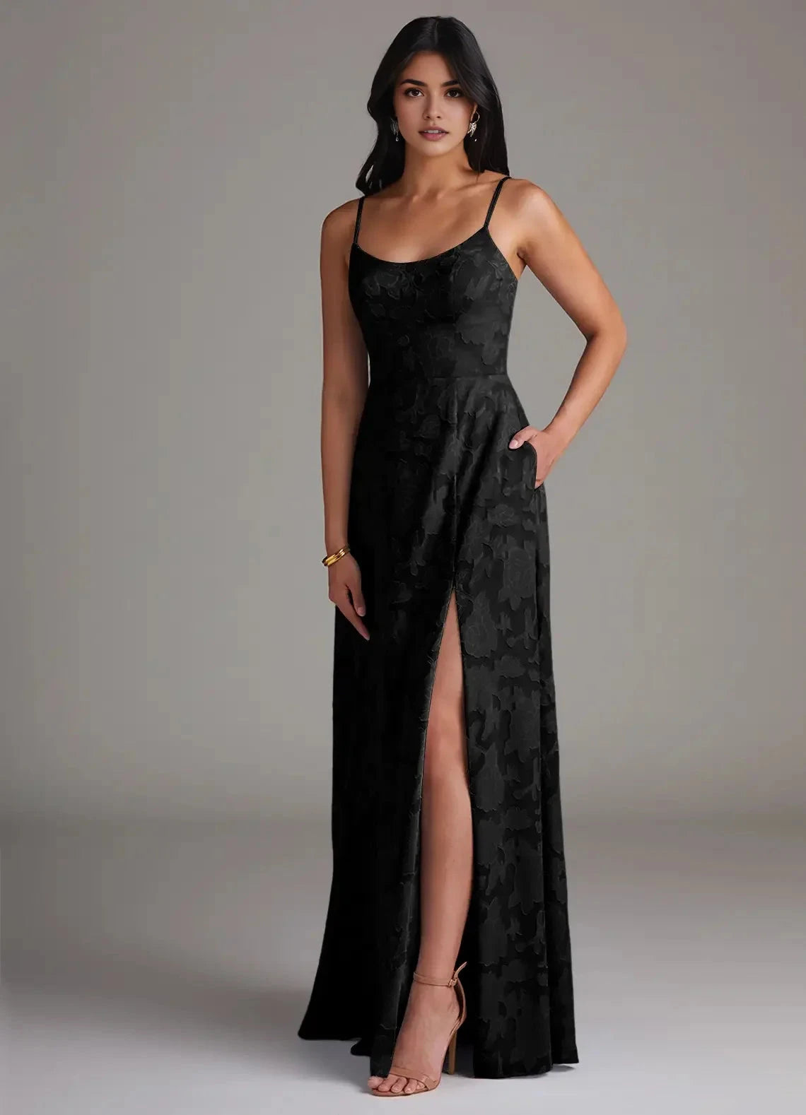 Black Floral Jacquard Spaghetti Strap Maxi Dress with Side Slit Black A-Line Side Slit Floral Burnout Dress Bridesmaid Dresses by YiHuiw