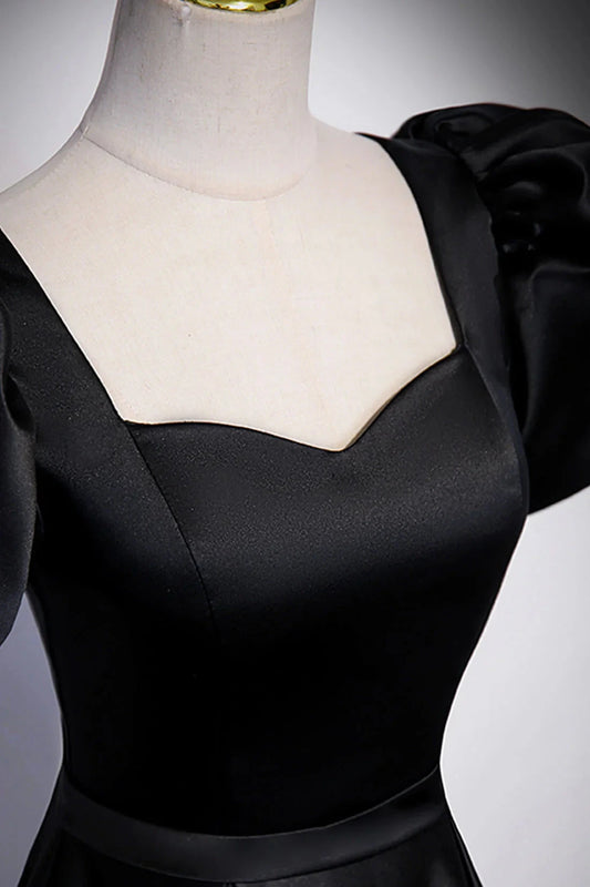 Black Satin Floor Length Prom Dress Simple Black Short Sleeve Evening Dress simple gentle atmospheric and unique desi Bring summer colors to enhance white by YiHuiw