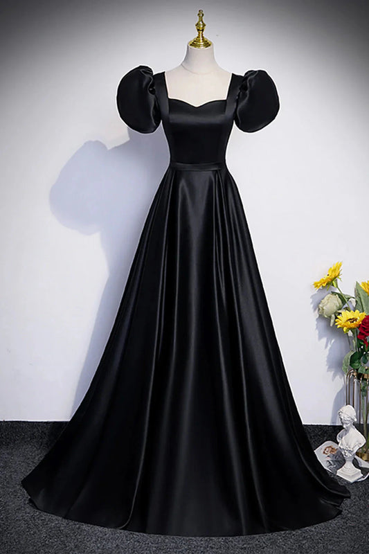 Black Satin Floor Length Prom Dress Simple Black Short Sleeve Evening Dress simple gentle atmospheric and unique desi Bring summer colors to enhance white by YiHuiw