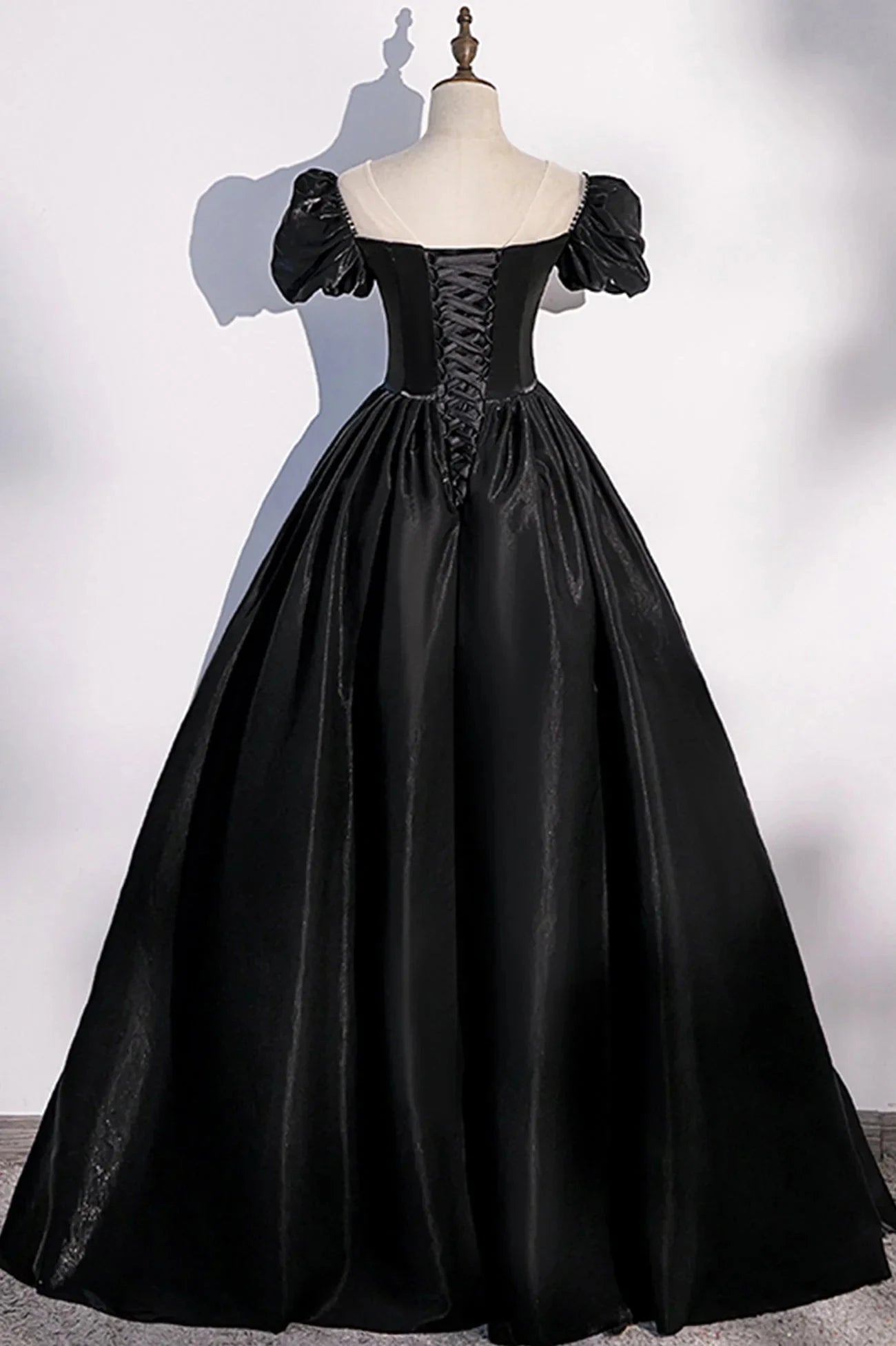 Black Satin Long Prom Dress Black A-Line Short Sleeve Evening Dress simple gentle atmospheric and unique desi Bring summer colors to enhance whitenes by YiHuiw