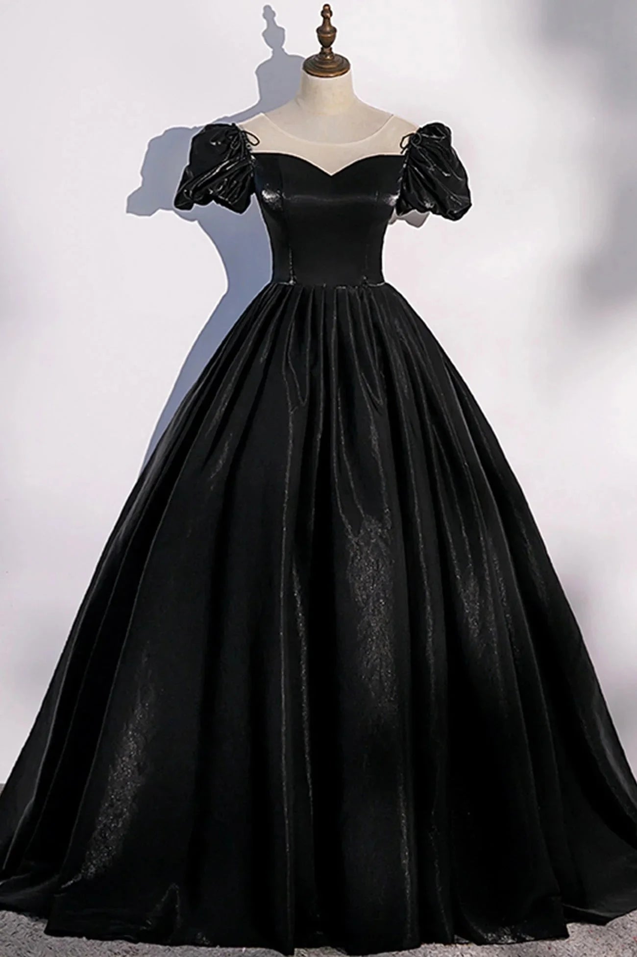 Black Satin Long Prom Dress Black A-Line Short Sleeve Evening Dress simple gentle atmospheric and unique desi Bring summer colors to enhance whitenes by YiHuiw