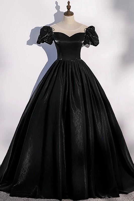 Black Satin Long Prom Dress Black A-Line Short Sleeve Evening Dress simple gentle atmospheric and unique desi Bring summer colors to enhance whitenes by YiHuiw