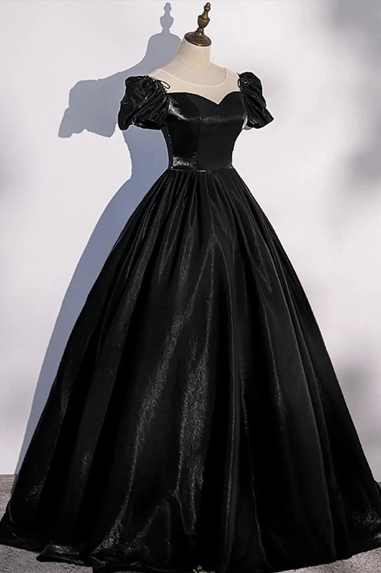 Black Satin Long Prom Dress Black A-Line Short Sleeve Evening Dress simple gentle atmospheric and unique desi Bring summer colors to enhance whitenes by YiHuiw