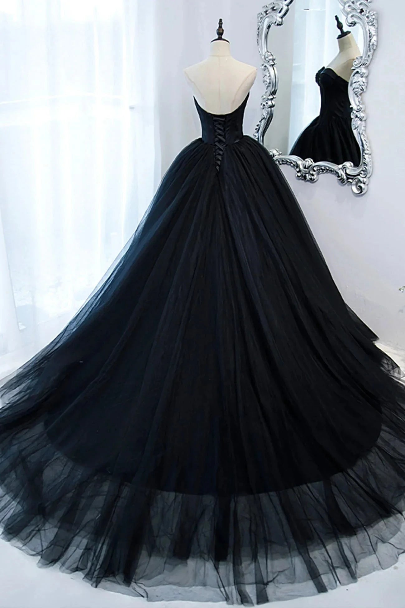 Black Strapless Tulle Long A-Line Prom Dress Black Formal Evening Gown simple gentle atmospheric and unique desi Bring summer colors to enhance white by YiHuiw