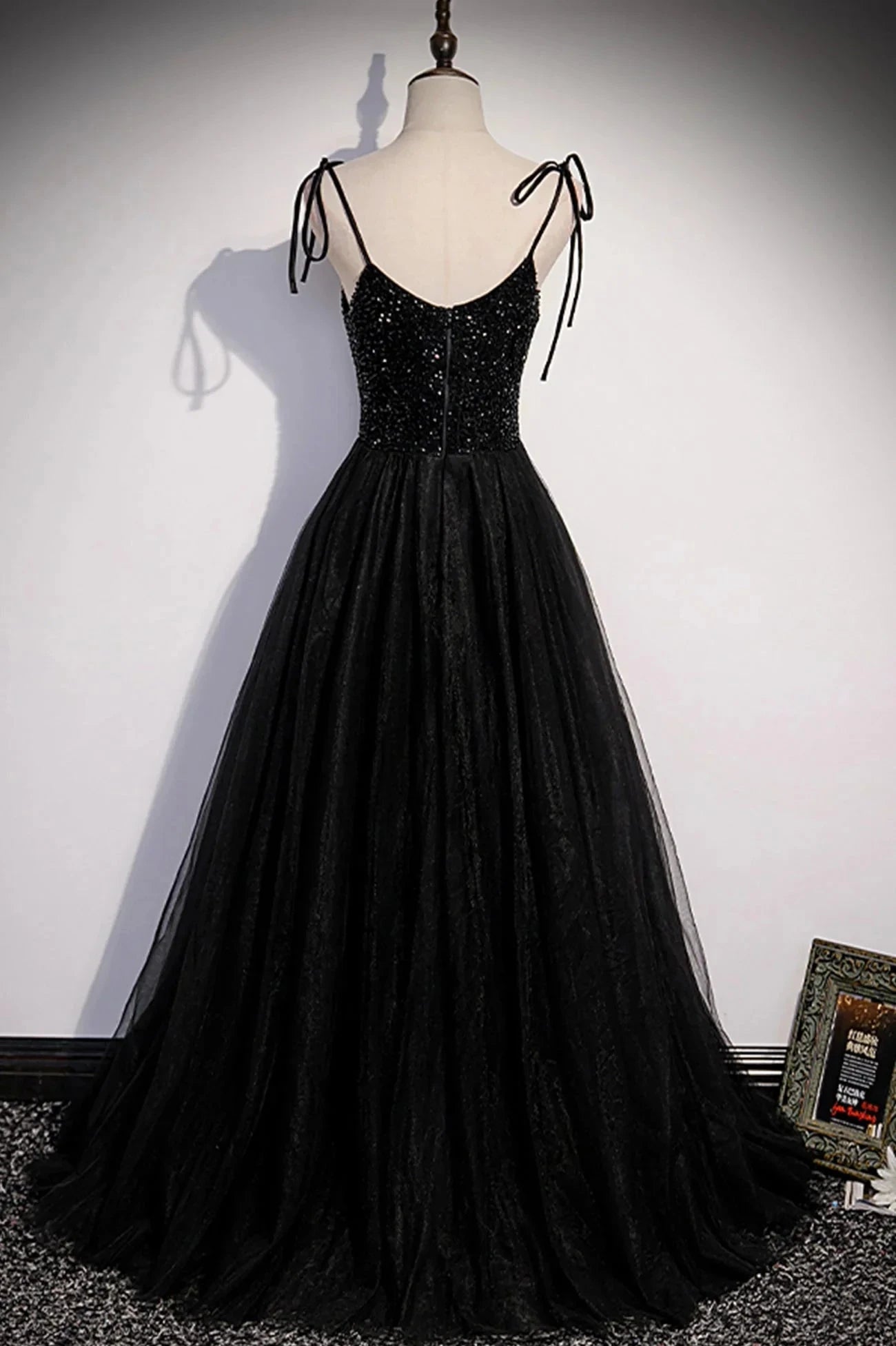 Black Tulle Beaded Long Prom Dress A-Line Spaghetti Straps Evening Dress simple gentle atmospheric and unique desi Bring summer colors to enhance whitenes by YiHuiw