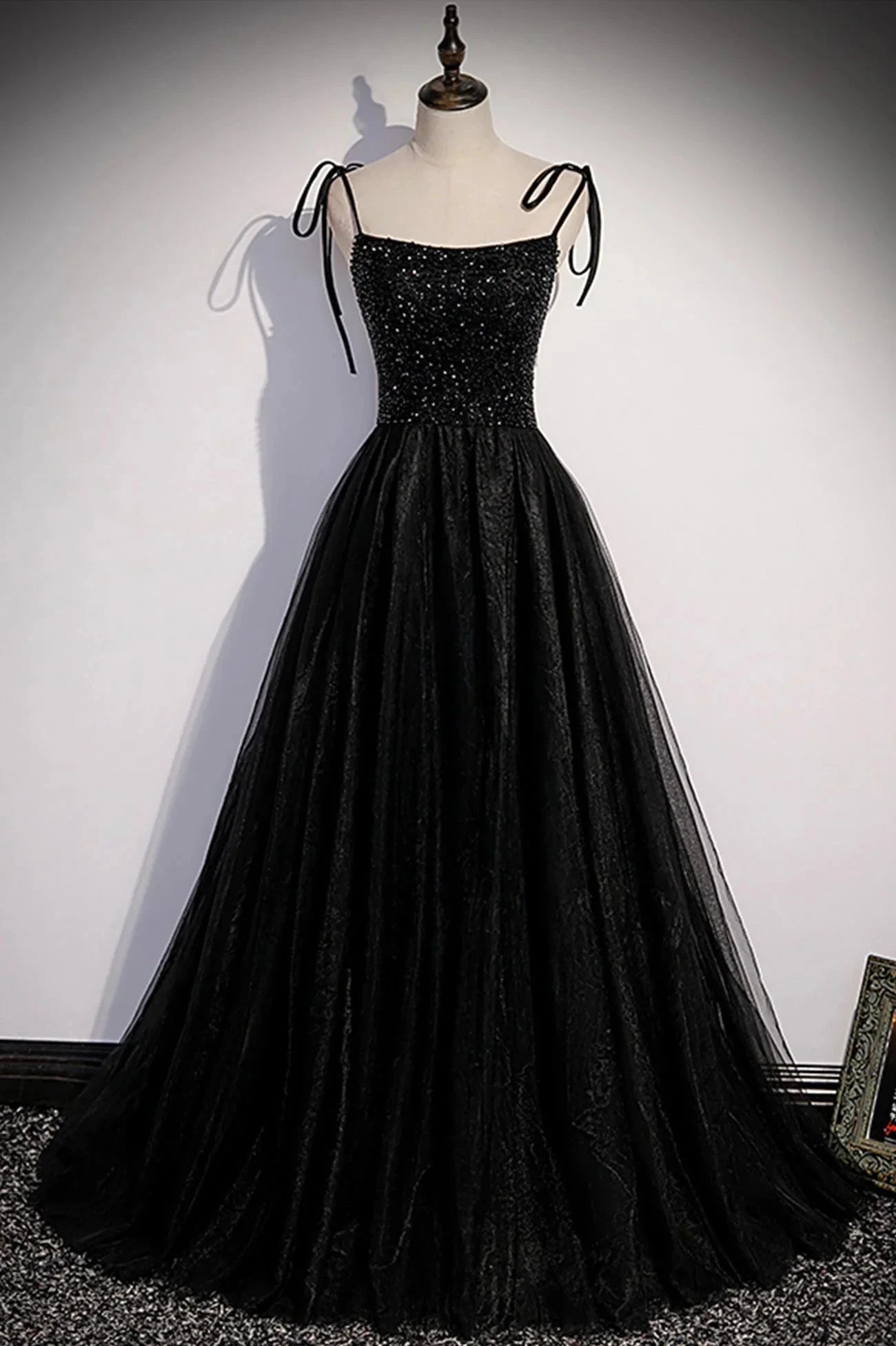 Black Tulle Beaded Long Prom Dress A-Line Spaghetti Straps Evening Dress simple gentle atmospheric and unique desi Bring summer colors to enhance whitenes by YiHuiw