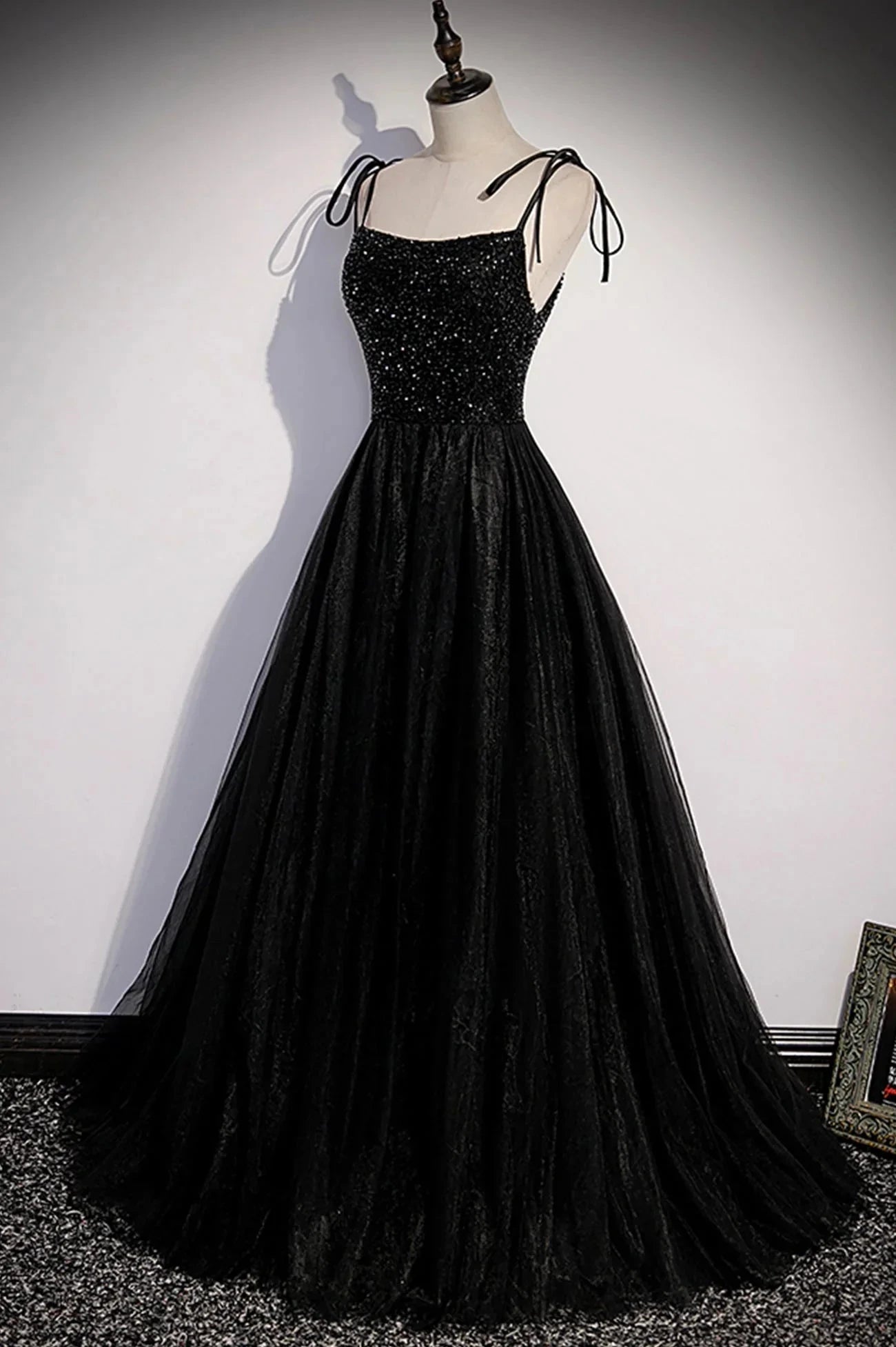 Black Tulle Beaded Long Prom Dress A-Line Spaghetti Straps Evening Dress simple gentle atmospheric and unique desi Bring summer colors to enhance whitenes by YiHuiw