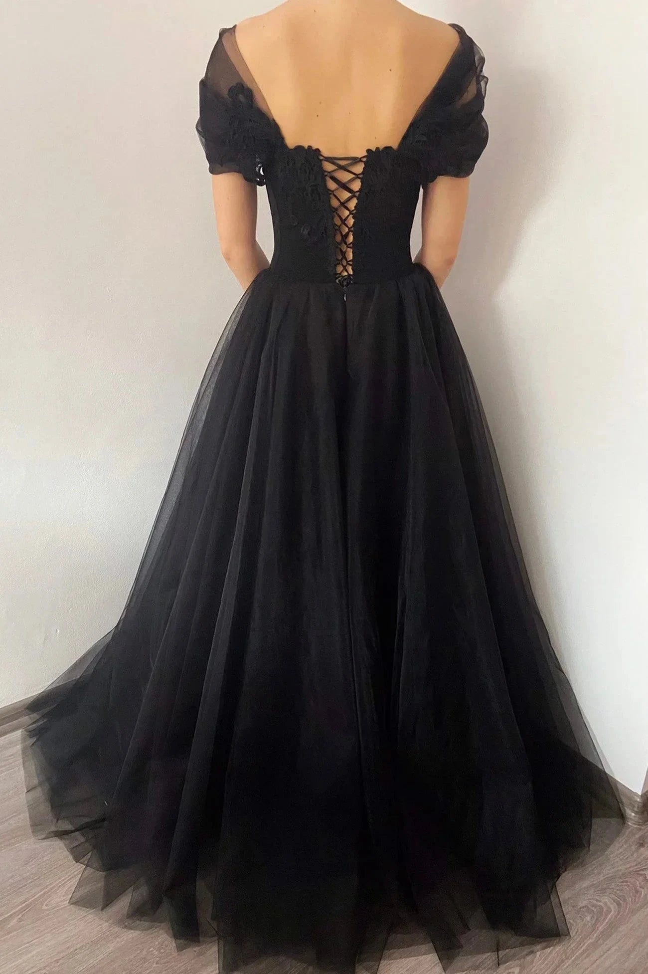 Black V-Neck Lace Long Prom Dress Black A-Line Evening Party Dress simple gentle atmospheric and unique desi Bring summer colors to enhance whitenes by YiHuiw