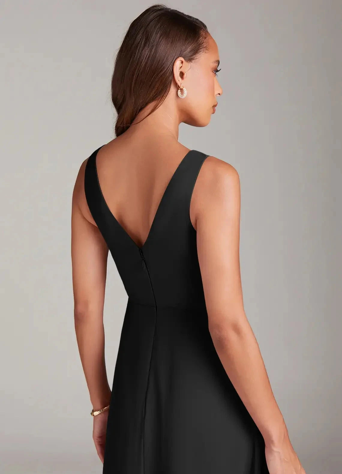 Black V-Neck Open Back Evening Gown with Side Slit A-Line Pleated Chiffon Bridesmaid Dresses by YiHuiw