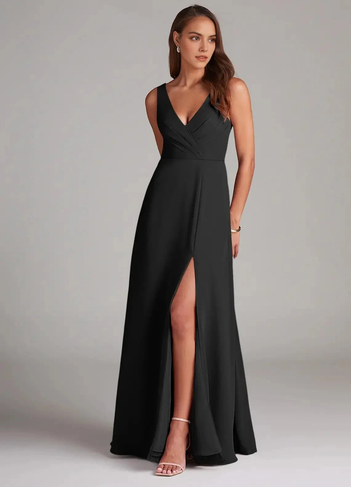 Black V-Neck Open Back Evening Gown with Side Slit A-Line Pleated Chiffon Bridesmaid Dresses by YiHuiw