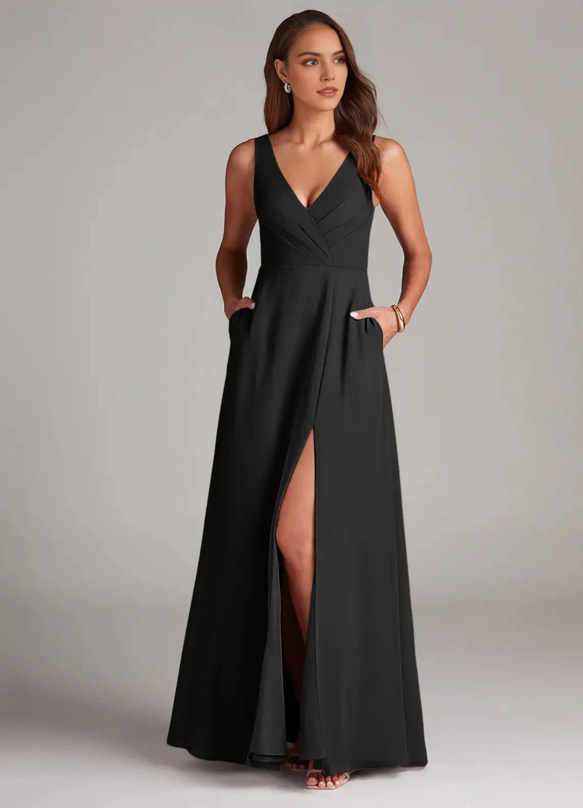 Black V-Neck Open Back Evening Gown with Side Slit A-Line Pleated Chiffon Bridesmaid Dresses by YiHuiw