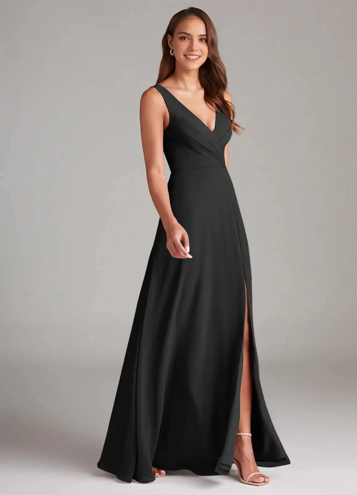 Black V-Neck Open Back Evening Gown with Side Slit A-Line Pleated Chiffon Bridesmaid Dresses by YiHuiw