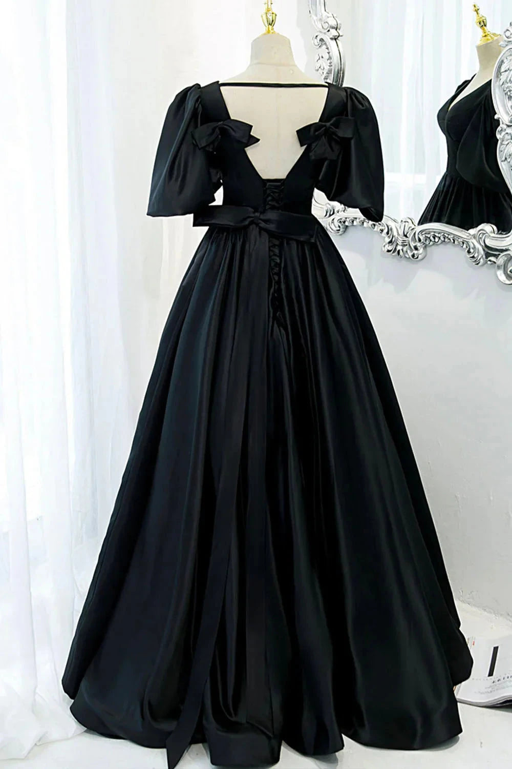 Black V-Neck Satin Long Prom Dress A-Line Short Sleeve Evening Dress imple gentle atmospheric and unique desi Bring summer colors to enhance whitenes by YiHuiw