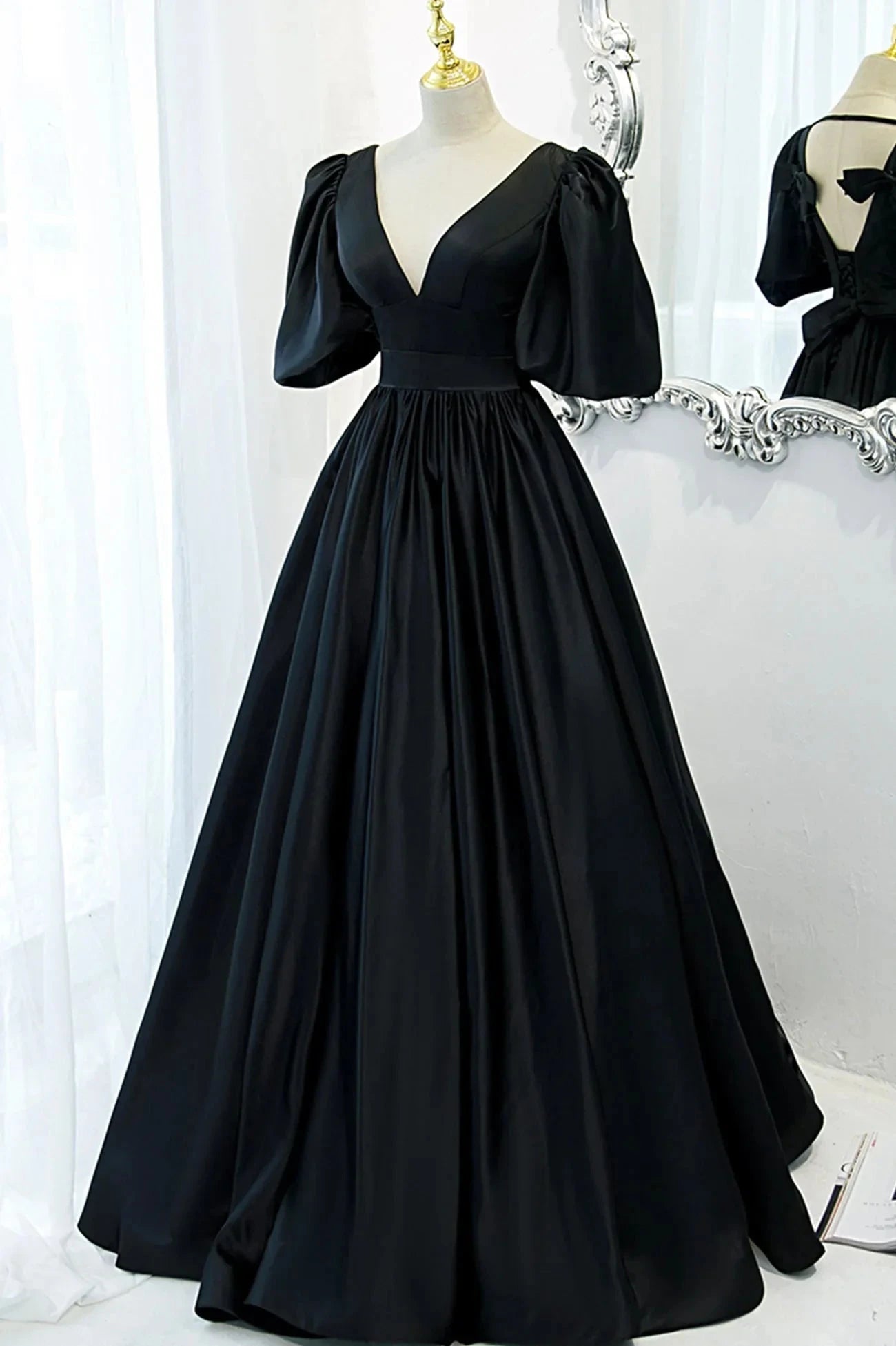 Black V-Neck Satin Long Prom Dress A-Line Short Sleeve Evening Dress imple gentle atmospheric and unique desi Bring summer colors to enhance whitenes by YiHuiw