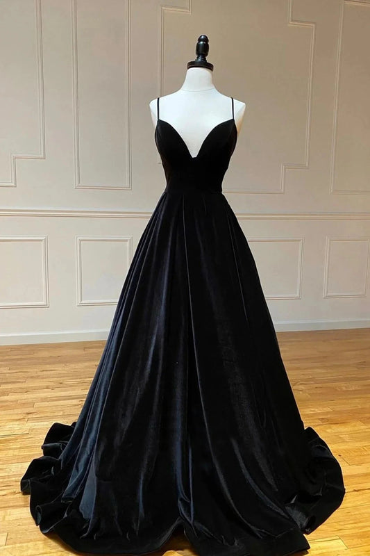 Black Velvet Long A-Line Prom Dress V-Neck Backless Evening Formal Dress simple gentle atmospheric and unique desi Bring summer colors to enhance whitenes by YiHuiw