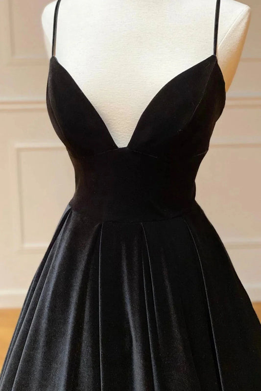Black Velvet Long A-Line Prom Dress V-Neck Backless Evening Formal Dress simple gentle atmospheric and unique desi Bring summer colors to enhance whitenes by YiHuiw