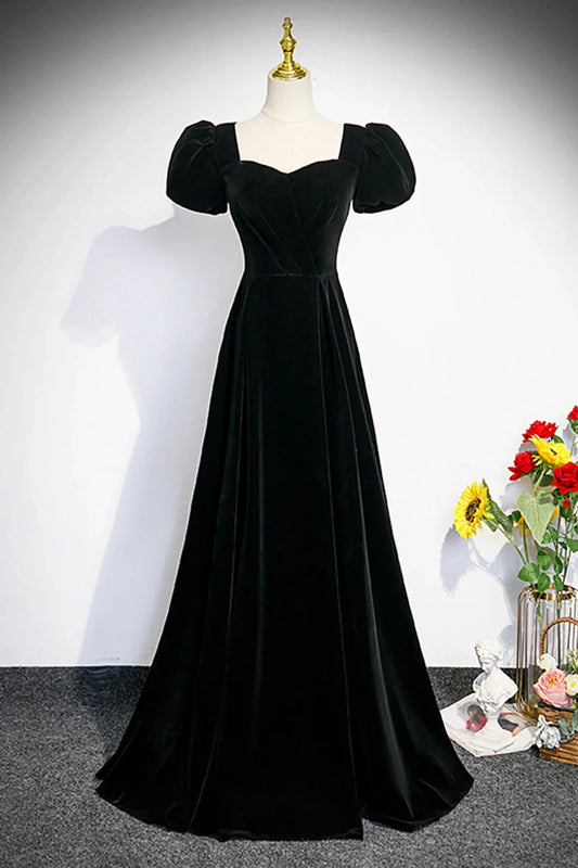 Black Velvet Short Sleeve Floor Length Prom Dress Simple A-Line Evening Party Dress simple gentle atmospheric and unique desi Bring summer colors to enhance white by YiHuiw