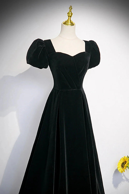 Black Velvet Short Sleeve Floor Length Prom Dress Simple A-Line Evening Party Dress simple gentle atmospheric and unique desi Bring summer colors to enhance white by YiHuiw