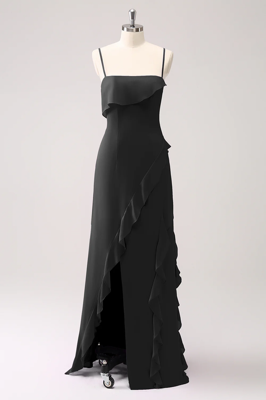 Chic Spaghetti Strap Evening Dress with Ruffle Trim and High Slit Detail