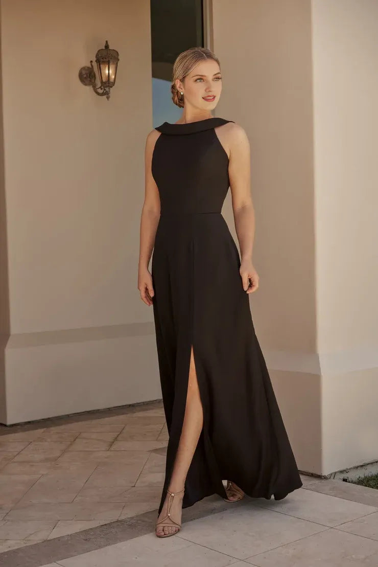 Black Cowl Neck Crepe High Slit Wedding Dress - Yihuiw by Yihuiw