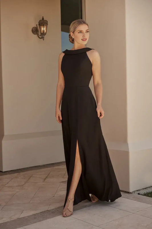 Black Cowl Neck Crepe High Slit Wedding Dress - Yihuiw by Yihuiw