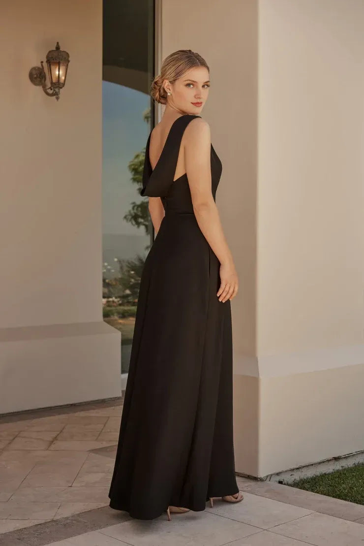 Black Cowl Neck Crepe High Slit Wedding Dress - Yihuiw by Yihuiw