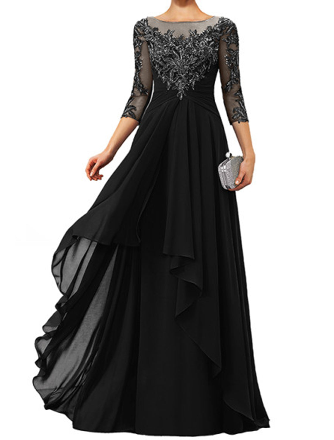 Sheath / Column Mother of the Bride Dress Elegant Jewel Neck Floor Length Chiffon Lace 3/4 Length Sleeve with Appliques by YiHuiw