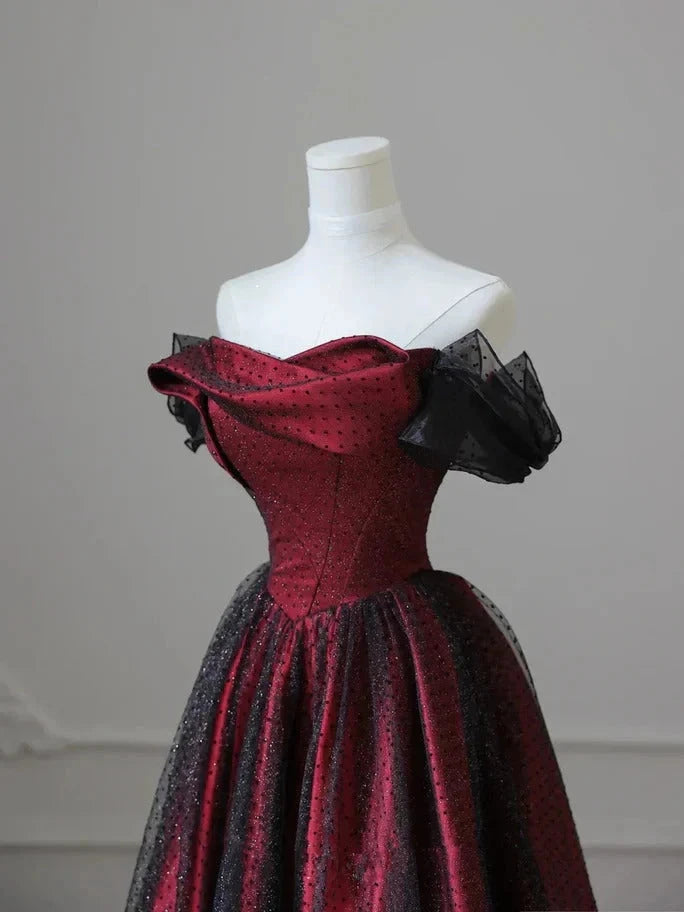 Black and Red Tulle Prom Dresses Long A-line Off Shoulder Wedding Party Gown Birthday simple gentle atmospheric and unique desi Bring summer colors to enhance whiteness by YiHuiw