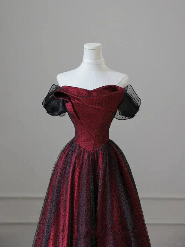Black and Red Tulle Prom Dresses Long A-line Off Shoulder Wedding Party Gown Birthday simple gentle atmospheric and unique desi Bring summer colors to enhance whiteness by YiHuiw