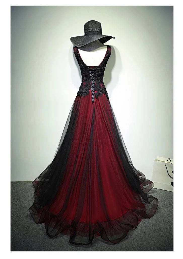 Black and Red Tulle V-neckline Beaded Lace Long Party Dress,A-line Formal Evening Dresses simple gentle atmospheric and unique desi Bring summer colors to enhance whiteness by YiHuiw