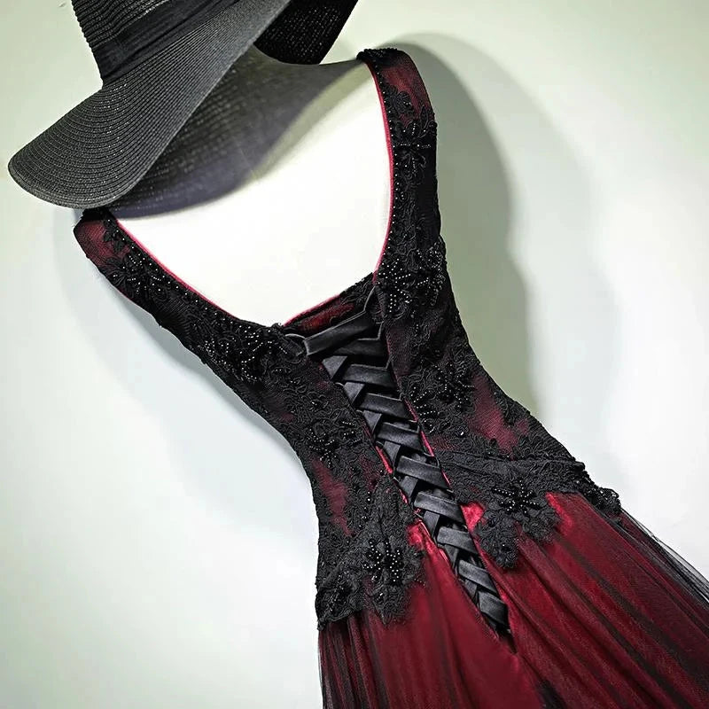 Black and Red Tulle V-neckline Beaded Lace Long Party Dress,A-line Formal Evening Dresses simple gentle atmospheric and unique desi Bring summer colors to enhance whiteness by YiHuiw