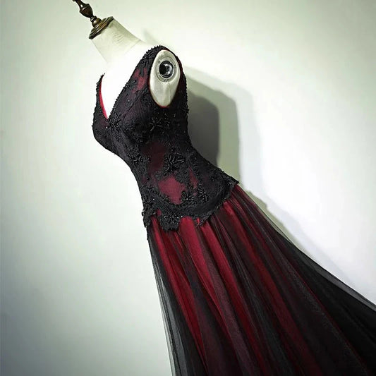 Black and Red Tulle V-neckline Beaded Lace Long Party Dress,A-line Formal Evening Dresses simple gentle atmospheric and unique desi Bring summer colors to enhance whiteness by YiHuiw